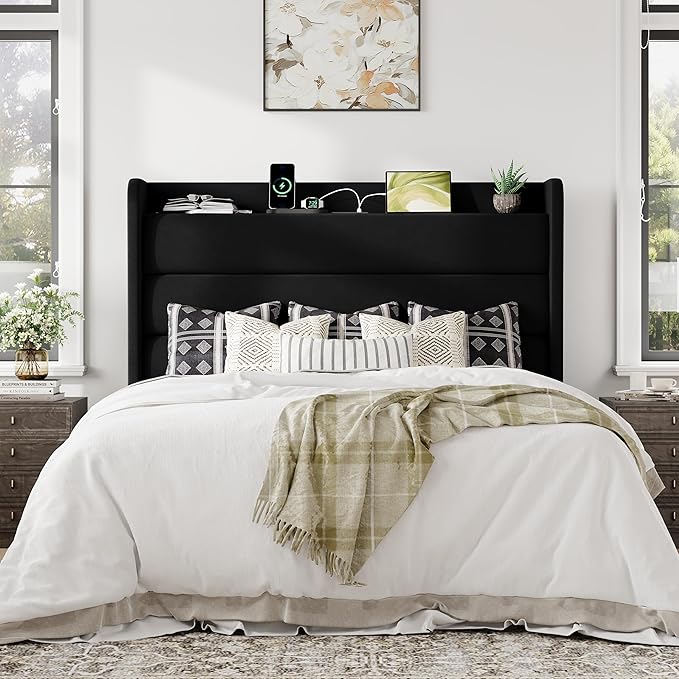 Allewie Full Size Upholstered Bed Frame with Charging Station & Storage Headboard, Soft Velvet Wingback Platform Bed, Strong Wooden Slats Support, No Box Spring Needed, Easy Assembly, Black