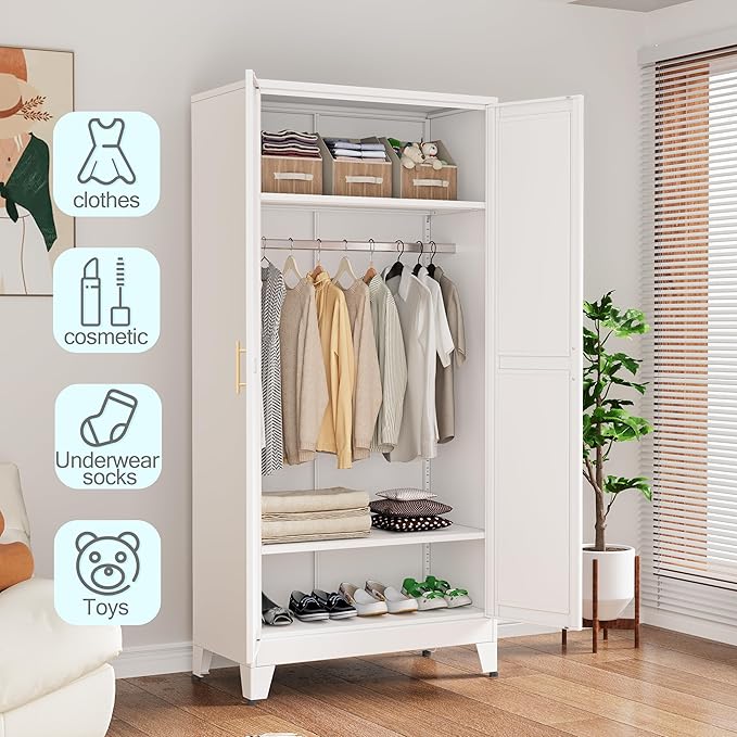 erosoei 71 "Metal Armoire Wardrobe Closet, Steel Clothing Storage Cabinet with Adjustable Shelves and Hanging Rod, Household Steel Wardrobe Storage Cabinet with Adjustable Standing feet (White)