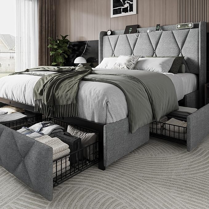 Einhomn Full Size Bed Frame with 4 Storage Drawers and Charging Station, Upholstered Platform Bed Frame with Storage Headboard, No Box Spring Needed, Easy Assembly, Light Grey