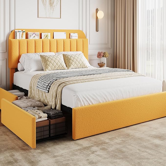 GarveeHome Full Bed Frame with Storage Headboard, Kids Bed Frame with 2 Drawers, Boucle Upholstered Platform Bed with Bookcase, No Box Spring Needed, Easy Assembly, Yellow