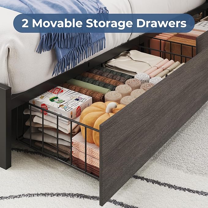 PHGLL Twin Bed Frame with 2-Tier Storage Headboard, Twin Size Metal Bed Frame with 2 Storage Drawers, 3-in-1 Charging Station & RGB LED, Noise-Free/Metal Support/No Box Spring Needed, Rustic Grey
