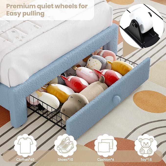 GarveeHome Twin Upholstered LED Bed Frame - with Storage Drawer and Rainbow Headboard, Berber Fleece Princess Platform Bed for Kids, Solid Wood Slats Support, No Box Spring Needed, Easy Assembly, Blue