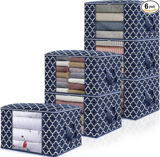 WISELIFE Storage Bags, Large Blanket Clothes Organization and Storage Containers for Bedding, Comforters, Foldable Organizer with Reinforced Handle, Clear Window,Sturdy Zippers,(Blue, 6 x 100L)