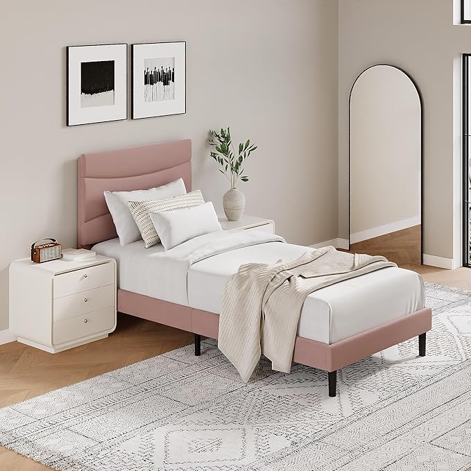 GarveeHome Twin XL Modern Upholstered Bed Frame with Soft Padded Headboard,Sturdy Metal Steel Slat Support, Noise-Free Quiet Design,Easy Assembly,Heavy Duty Stable Bed Frame(Pink)