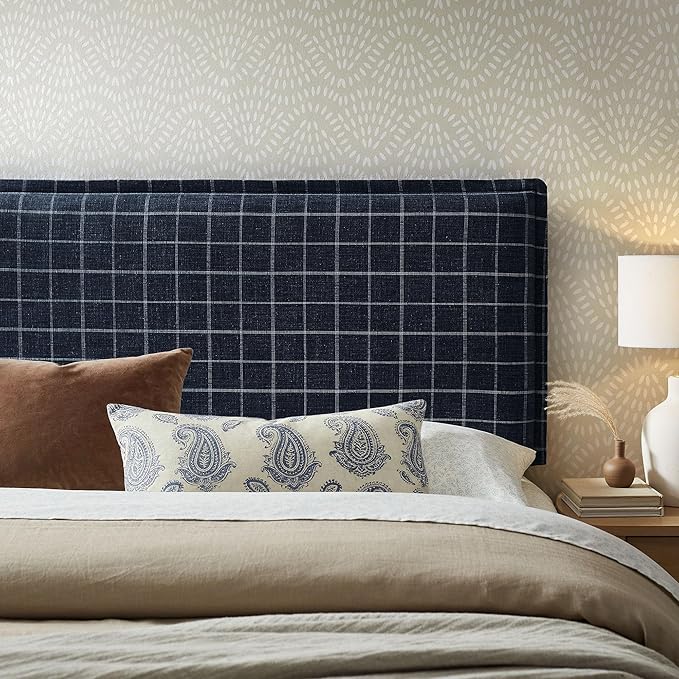 Modway Camille Full Size Checkered Linen Blend Plaid Headboard with Removable Slipcover – in Denim Windowpane Check - Padded Pillow Style Headboard with Adjustable Mounting for Full Beds