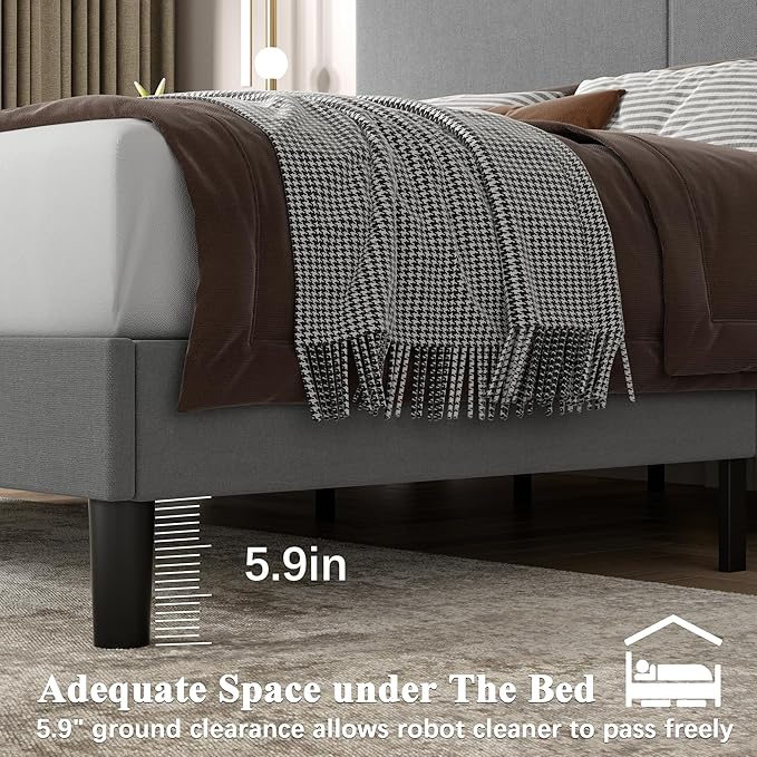 VECELO Queen Bed Frame with Type-C & USB Ports, Upholstered Platform Height-Adjustable Cotton and Linen Headboard,No Box Spring Needed,Noise-Free,Easy Assembly, Dark Gery