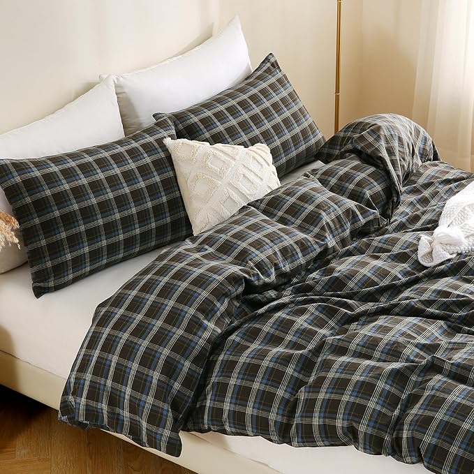 TOCOMOA Buffalo Plaid Duvet Cover Set 100% Washed Cotton Like Linen Feel Super Soft Comfy 3 Piece Brown Blue Gingham Checkered Bedding Comforter Cover Set (Queen 90"x90", Comforter Not Included)