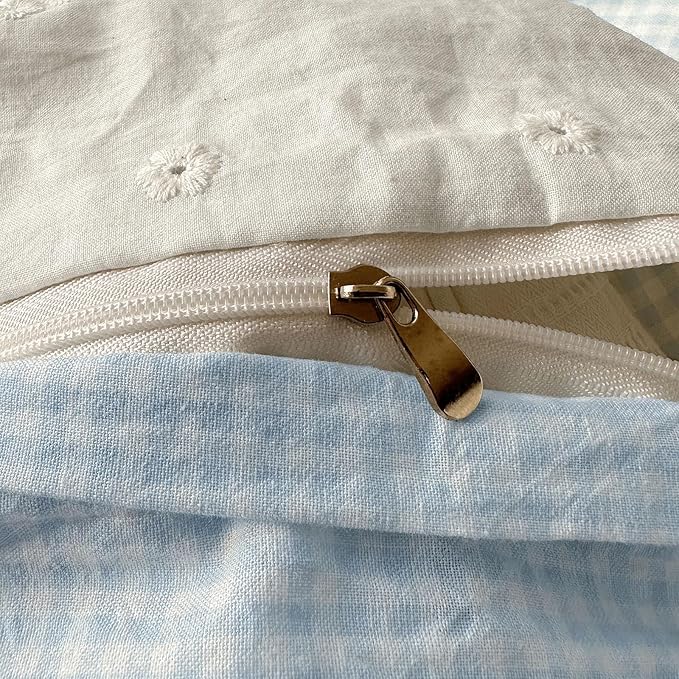 mixinni Blue Gingham Duvet Cover Full Size - 3 Piece Cottagecore Plaid Bedding Set with Lace Trim, Soft Washed Microfiber Vintage Aesthetic Grid Comforter Cover & Pillow Shams, (Blue White Gingham)