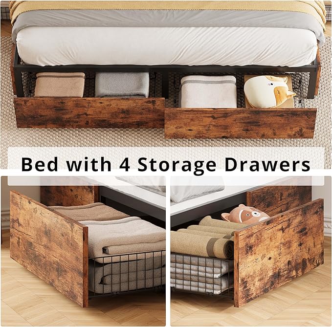 LIKIMIO King Bed Frame with Storage, 4 Drawers and Heavy Strong Metal Support Frames, Solid Stable, No Box Spring Needed, Noise-Free, Easy Assembly, Industrial Brown