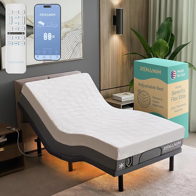 SFE Twin XL Adjustable Bed Frame and Mattress - 12" Gel Memory Foam - Zero Clearance, Electric Massage - Wireless Remote for Head & Foot Lift, Zero Gravity Frame, Underbed Lights & 4 USB Ports