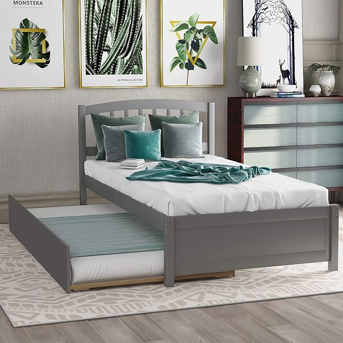 Ball & Cast Trundle Bed Twin,Twin Trundle Bed Frame Roll Out,Solid Wood Bed Frames with Headboard and Wooden Slats Support,for Bedroom,Guest Room,Apartment,Gray