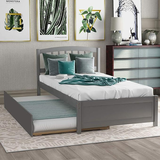 Ball & Cast Trundle Bed Twin,Twin Trundle Bed Frame Roll Out,Solid Wood Bed Frames with Headboard and Wooden Slats Support,for Bedroom,Guest Room,Apartment,Gray