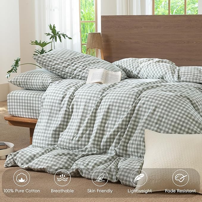 MooMee Gingham Duvet Cover Set 100% Washed Cotton Linen Like Textured Breathable Durable Soft Comfy Modern Checkered Design (Sage Green Gingham, Palatial King/Oversized King 120"x98")
