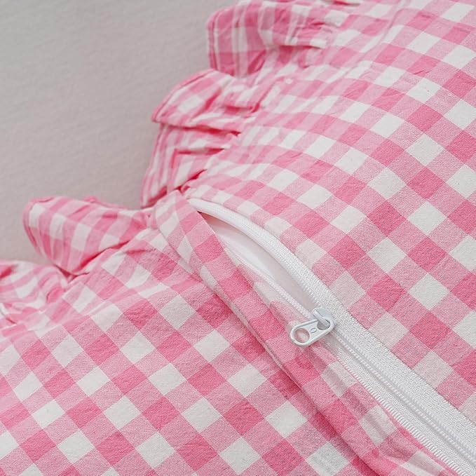 Pink/White Gingham Body Pillow Sham 20x54 inches, 100% Washed Cotton Ruffled Vintage Pillowcase Farmhouse Body Pillow Cover for Bed/Sofa