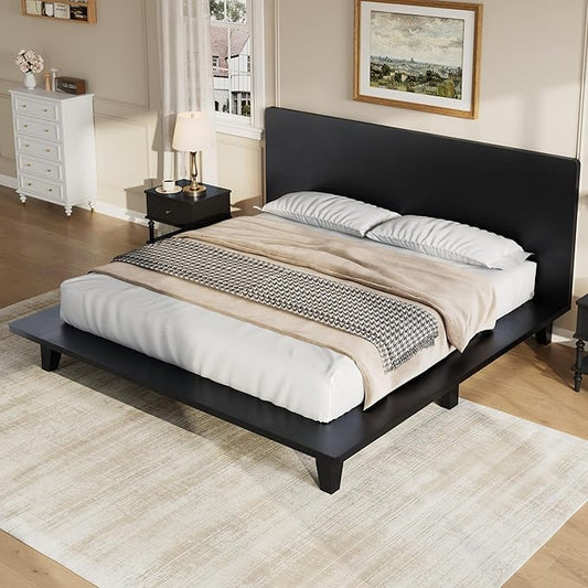 Mid-Century Full Size Wooden Bed Frames, Pine Wood Japanese Low Platform Bed with Brown Headboard, 7 inch Low Under Bed Storage, 800 lbs Capacity, No Box Springs Required (Black, Full, 35.4" H)