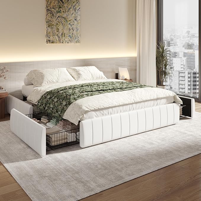 SHA CERLIN Queen Size Velvet Upholstered Platform Bed Frame with 4 Storage Drawers, Vertical Channel Tufted, Low Profile, Fits Standard Headboards, Wooden Slats Support, Easy Assembly, White