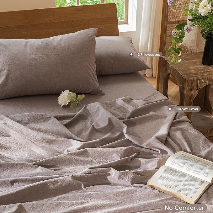 MooMee Bedding Duvet Cover Set 100% Washed Cotton Linen Like Textured Breathable Durable Soft Comfy (Heathered Mauve Brown, Queen 90"x90")