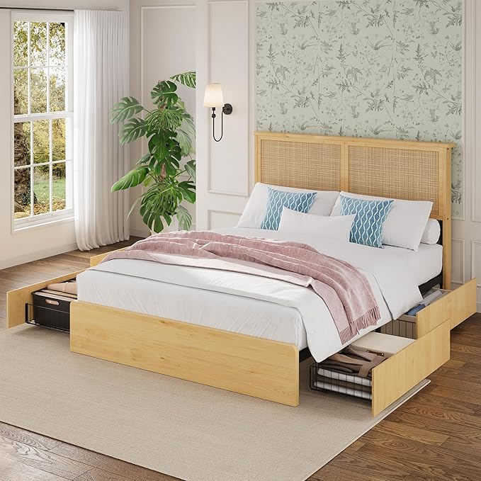 GAOMON Queen Size Rattan Bed Frame with 4 Storage Drawer, Boho Style Rattan Bed with LED Light & Natural Headboard, Sturdy Wooden Slats Support, No Box Spring Needed
