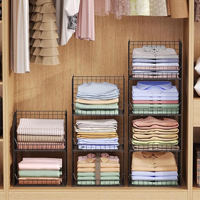 Jakyitvi 4-Tier Extra Height Stackable Closet Organizer – Foldable Storage Bins for Sweaters, Jeans, and Clothes – Sturdy Iron Mesh Shelves for Neat and Efficient Closet Storage – Black
