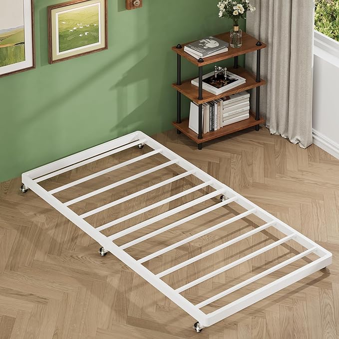 Lutown-Teen Twin Trundle Bed Frame with Metal Slats, Roll-Out Design, Easy Assembly Steel Frame with Lockable Wheels, Noiseless Pull Out Bed for Bedroom, Living Room or Guest Room, White