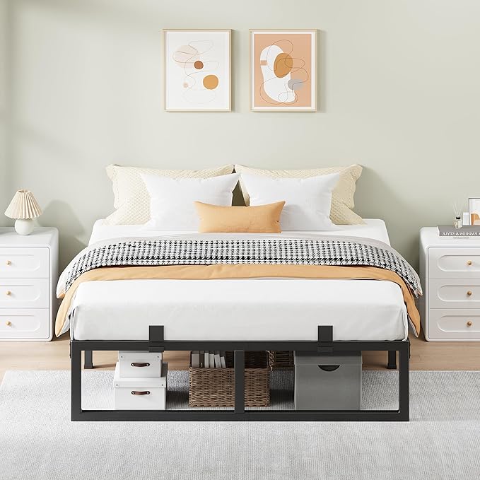 Full Size Bed Frame, 18 Inch Metal Platform Bed Frames with Squeak Free U-Slot Design, 6 Non-Slip Guards, 3500lbs Heavy Duty Steel Slat Support, No Box Spring Needed, Under Bed Storage, Black