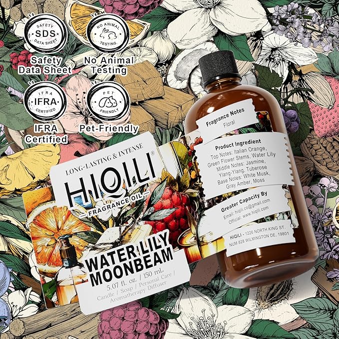 HIQILI Water Lily Moonbeam Fragrance Oil for Diffuser, Candles, Soap & Perfume Making, Floral Scent, Long-Lasting Aroma - 5.07 Fl Oz