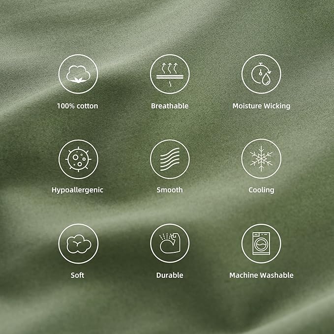 Cotton Pillow Protectors/Cases Standard Size with Zipper 2 Pack Olive Green Color,Cooling & Breathable Bed Pillow Protectors Set of 2 Pillow Cases Cover Standard 20" x 26"