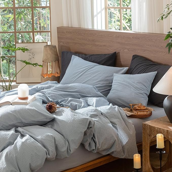 MooMee Wavy Striped Duvet Cover Set 100% Washed Cotton Linen Like Textured Breathable Durable Soft Comfy (Cornflower Blue, Twin 68"x90")