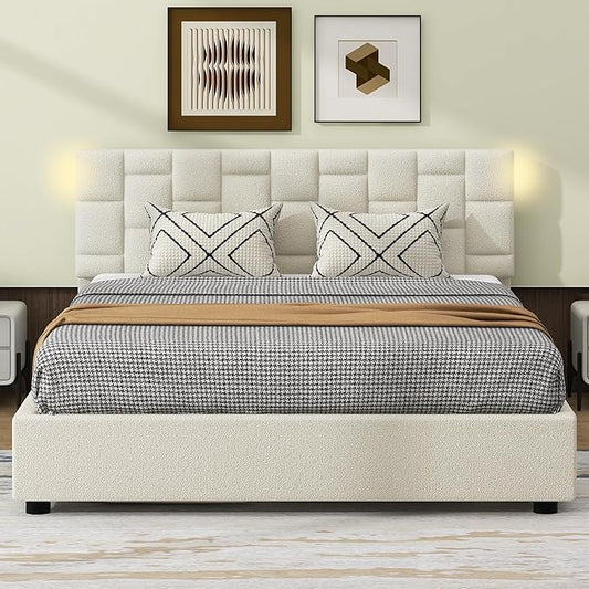 Lift Up Storage Queen Bed with Light, Upholstered Platform Bed with USB & C-Type Charging, Hydraulic Lifting Under Bed Storage and Height-Adjustable Headboard, Queen Size (Beige)