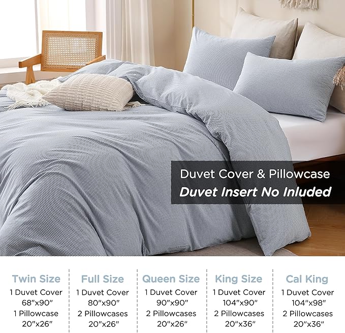 TOCOMOA Mini Gingham Blue Duvet Cover Bedding Set 100% Washed Cotton Like Linen Feel Super Soft Comfortable 3 Piece Small Plaid Checkered Comforter Cover Set (King 104"x90", Comforter Not Included)