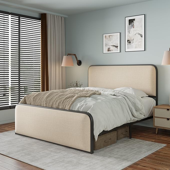 Merax Metal Platform Bed King Size with Curved Upholstered Headboard and Footboard, King Bed Frame with 8" Storage Space Under Bed, Heavy Duty Metal Slats, No Box Spring Needed, Easy Assembly, Beige