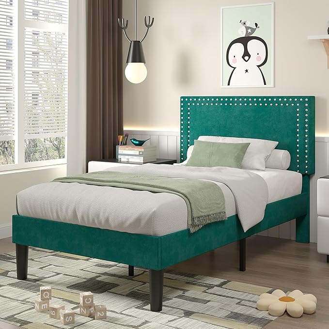 VECELO Twin Size Platform Bed Frame with Height Adjustable Upholstered Headboard, Modern Mattress Foundation,Strong Wood Slat Support, No Box Spring Needed, Easy Assembly, Dark Green