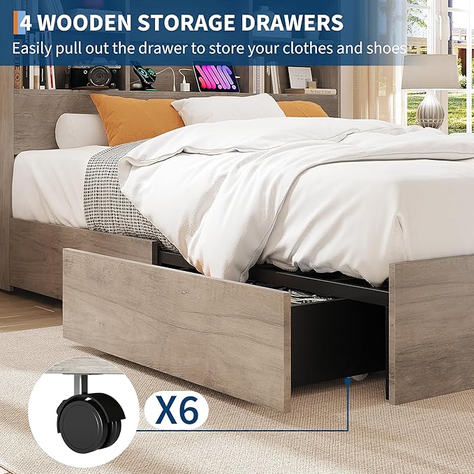 IDEALHOUSE King Bed Frame with Storage Headboard, Wooden Bed Frame with Charging Station, Storage Bookcase & King Size Platform Bed with 4 Drawers, No Box Spring Needed, Noise-Free, Vintage Grey