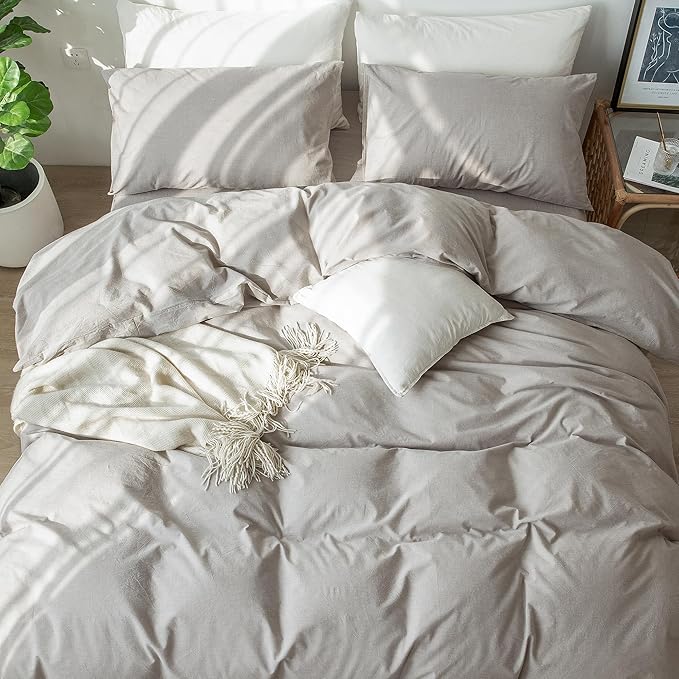 MooMee Bedding Duvet Cover Set 100% Washed Cotton Linen Like Textured Breathable Durable Soft Comfy (Heathered Brownish Grey, Super King Plus 120"x120")