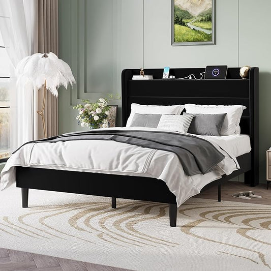 SHA CERLIN Full Size Bed Frame with Charging Station, Velvet Upholstered Platform Bed, Wingback Storage Headboard, Type-C & USB Ports, Strong Wooden Slats, No Box Spring Needed, Easy Assembly, Black