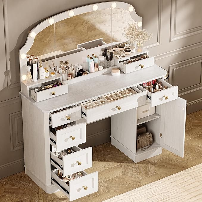 Farmhouse Makeup Vanity Desk with Mirror and Lights, 47'' Vanity Table with 8 Storage Drawers 1 Cabinet & 2 Organizer Trays, Big Dressing Table with Charging for Bedroom Classic White