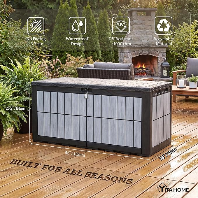 YITAHOME 134 Gallon Large Deck Box, Waterproof Resin Outdoor Storage Box with Lock, Doubles as Bench Seating for Patio Furniture Cushions,Garden Tools & Pool Accessories, Black & Wood-Grain Gray
