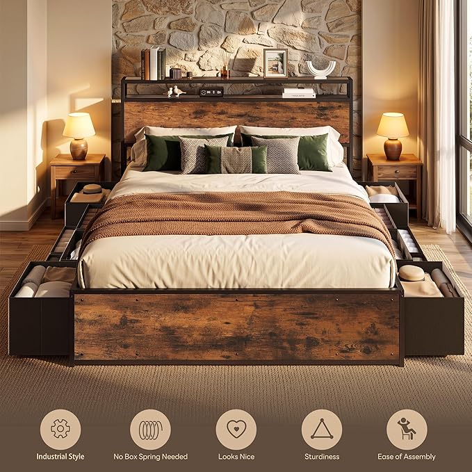LIKIMIO Queen Bed Frame with 12 Fabric Storage Drawers, Industrial Platform Bed Frame with Headboard, No Box Spring Needed, Sturdy Metal Slat Support, Rustic Brown, Noise-Free, Easy Assembly