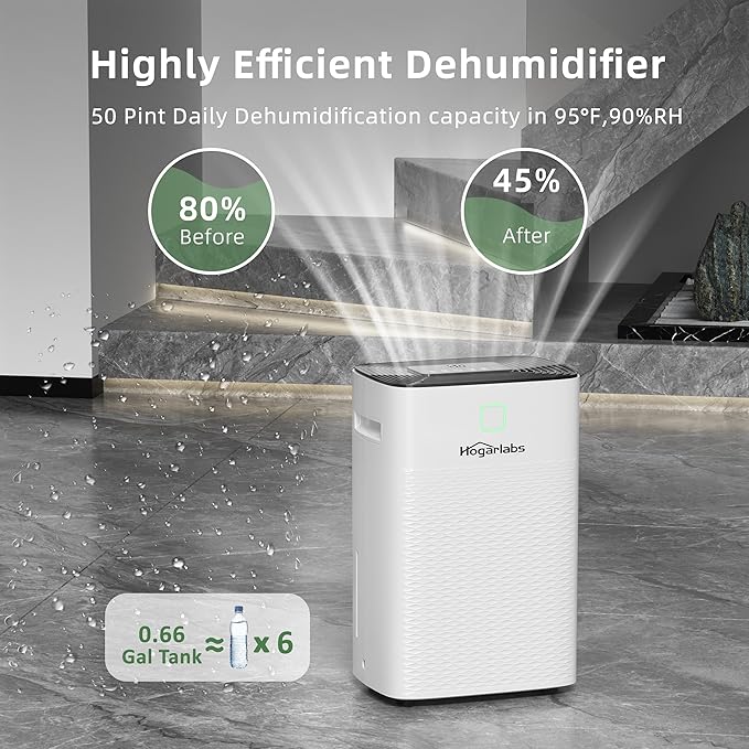 HOGARLABS 50 Pint Smart Dehumidifiers for Home and Basements, with 3 Working Modes, Overflow Protection, and Auto Shut off Restart. Ultra Silent Dehumidifier with Drain Hose and Digital Control Panel.