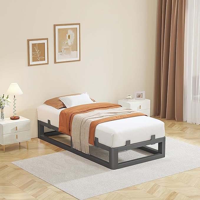 10 Inch Twin XL Bed Frame with Rounded Corner and Squeak Free U-Slot Design, Metal Platform Bed Frames 6 Non-Slip Guards, 3500lbs Heavy Duty Steel Slat Support, No Box Spring Needed, Black