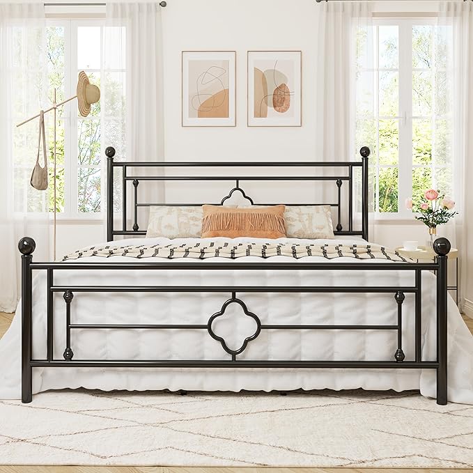Allewie King Size Metal Platform Bed Frame with Victorian Vintage Headboard and Footboard/Mattress Foundation/Under Bed Storage/No Box Spring Needed/Noise-Free/Easy Assembly, Black