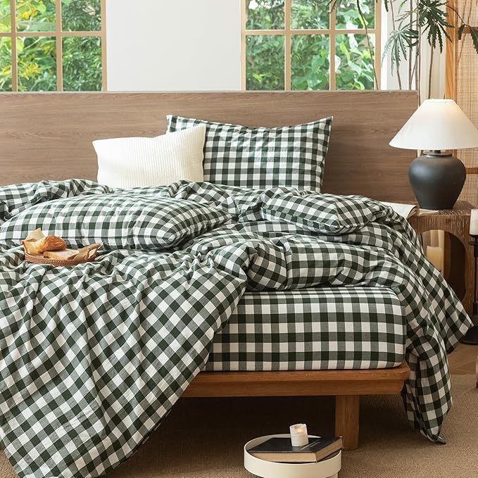 MooMee Gingham Duvet Cover Set 100% Washed Cotton Linen Like Textured Breathable Durable Soft Comfy Modern Checkered Design (Buffalo Plaid Forest Green, Queen 90"x90")