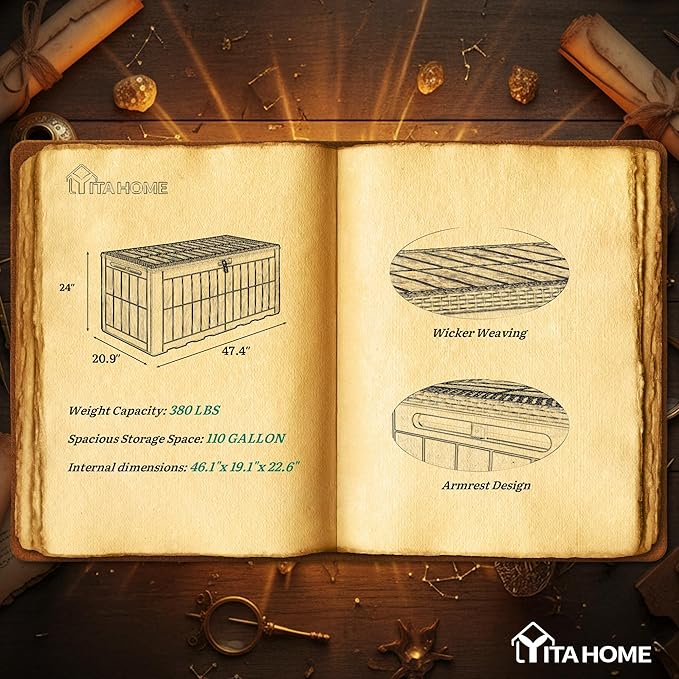 YITAHOME 110 Gallon Outdoor Deck Box, Waterproof Resin Storage Box with Lock, Lockable Patio Furniture Bin, 2-Person Bench Seating for Outdoor Cushions, Garden Tools & Sports/Pool Supplies, Black