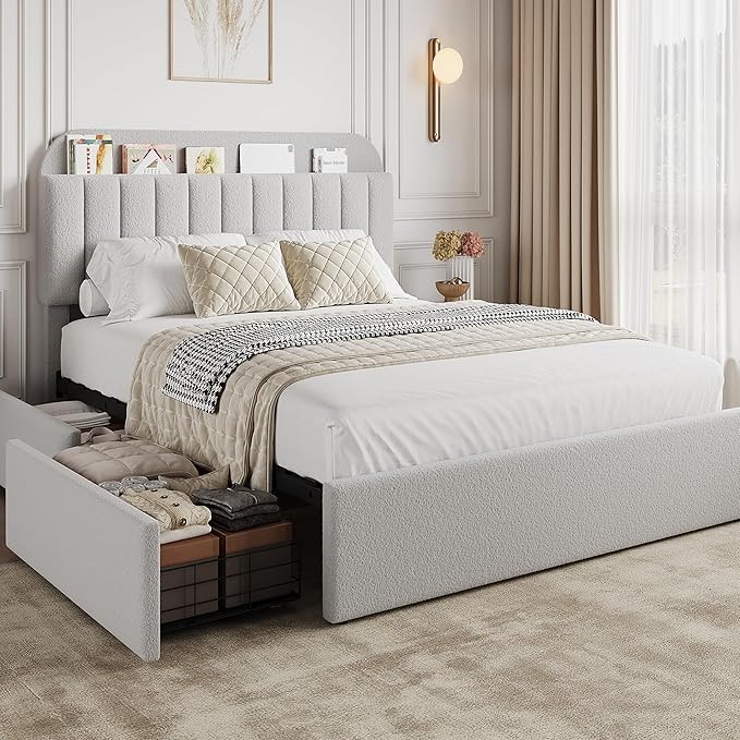 GarveeHome Full Bed Frame with Storage Headboard, Kids Bed Frame with 2 Drawers, Boucle Upholstered Platform Bed with Bookcase, No Box Spring Needed, Easy Assembly, Light Gray