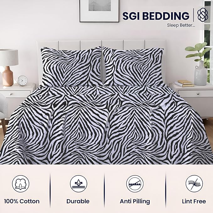 SGI bedding 100% Egyptian Cotton Sheets King Size – 600 Thread Count Sheets Set, Soft, Cooling, 15" Deep Pocket, Luxury Hotel Bedding, Breathable, Durable - Zebra Print