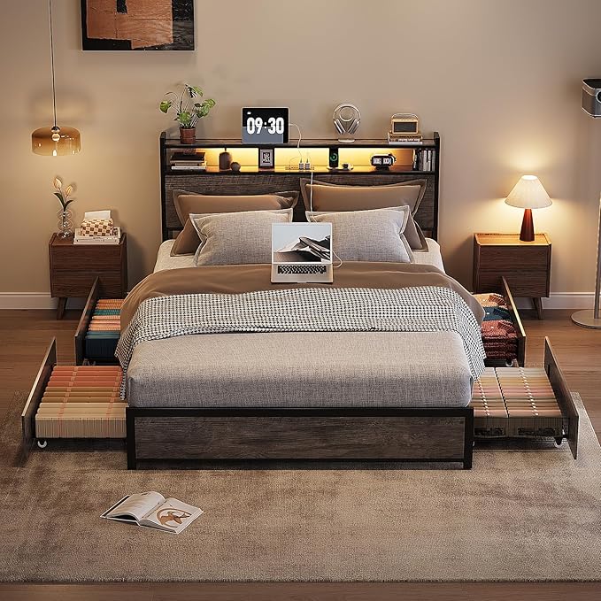 VINGLI Full Bed Frame with 4 Storage Drawers and Adjustable Headboard, Metal Double Platform Bed with Charging Station and LED Lights, No Box Spring Needed, Noise Free, Easy Assembly, Wash Grey