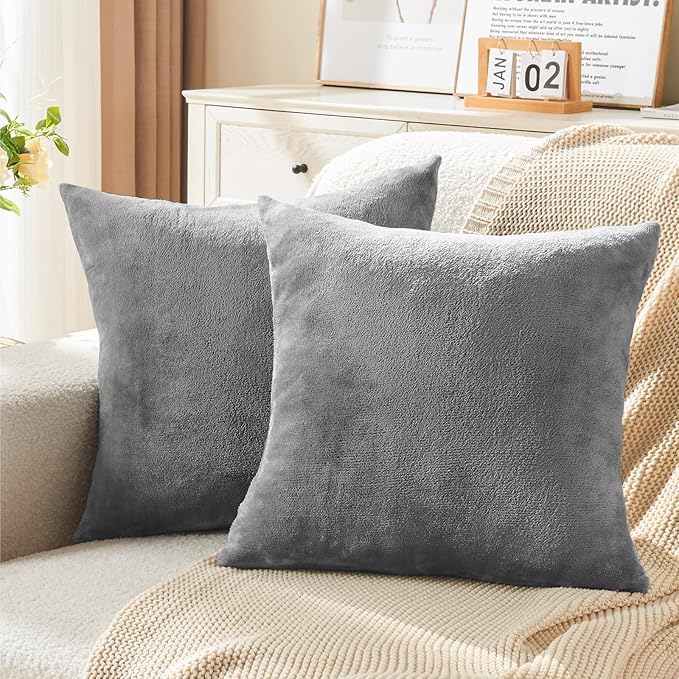 BEDELITE Velvet Pillow Covers 18x18 with Zipper, 2 Pack Super Soft Square Pillow Covers for Bedroom, Sofa, Couch,Luxury Cozy Fleece Pillowcases for All Seasons(18x18 Inches, Gray)