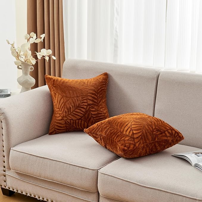 SOCHOW Fall Decorative Throw Pillow Covers 20x20 Inches Set of 2, Soft Leaves Textured Flannel Fleece Pillowcase Square Cushion Covers for Sofa Couch Bed, Caramel