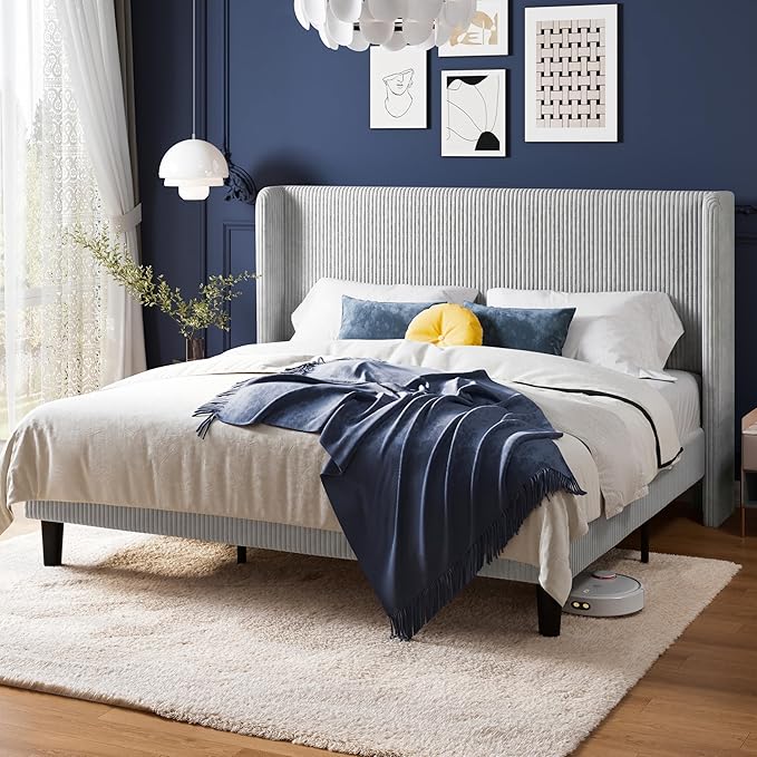Allewie King Size Bed Frame with Upholstered Wingback Headboard, Vertical Channel Tufted Corduroy Velvet Platform Bed, Strong Wooden Slats Support, No Box Spring Needed, Easy Assembly, Light Grey