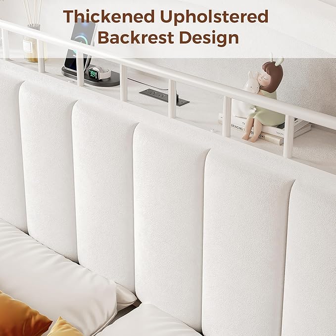 Full Size Bed Frame with LED Storage Headboard & 2 Storage Drawers, Velvet Upholstered Bed with Vertical Tufted Headboard Design, USB & Type-C Charging Ports, Wooden Slats Support, Noise-Free, Beige